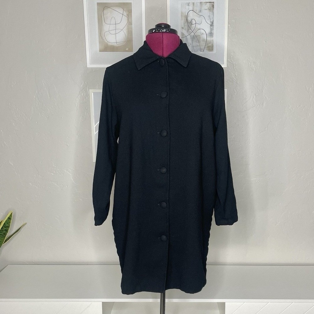 Eileen Fisher Coat Womens Large Black 100% Wool Button Front Longline Duster USA